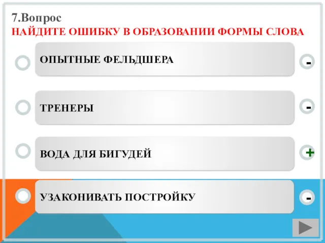 7.Вопрос НАЙДИТЕ ОШИБКУ В ОБРАЗОВАНИИ ФОРМЫ СЛОВА ВОДА ДЛЯ БИГУДЕЙ