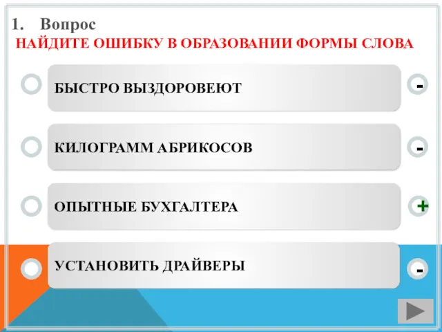 Вопрос НАЙДИТЕ ОШИБКУ В ОБРАЗОВАНИИ ФОРМЫ СЛОВА БЫСТРО ВЫЗДОРОВЕЮТ КИЛОГРАММ