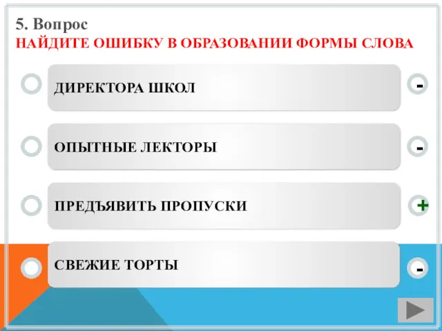 5. Вопрос НАЙДИТЕ ОШИБКУ В ОБРАЗОВАНИИ ФОРМЫ СЛОВА ДИРЕКТОРА ШКОЛ