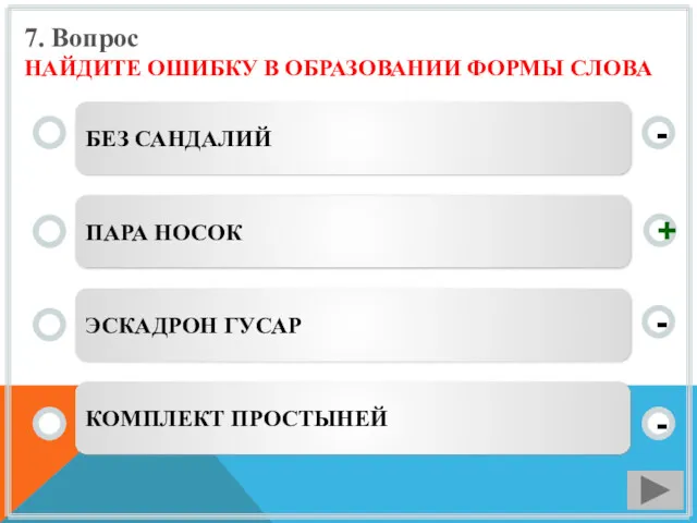 7. Вопрос НАЙДИТЕ ОШИБКУ В ОБРАЗОВАНИИ ФОРМЫ СЛОВА БЕЗ САНДАЛИЙ