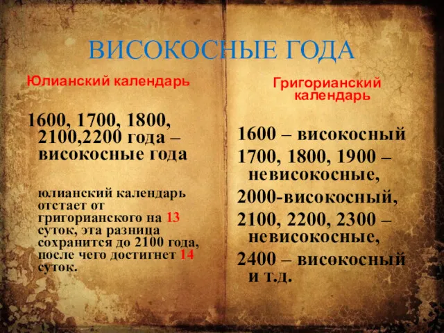 ВИСОКОСНЫЕ ГОДА Юлианский календарь 1600, 1700, 1800, 2100,2200 года –