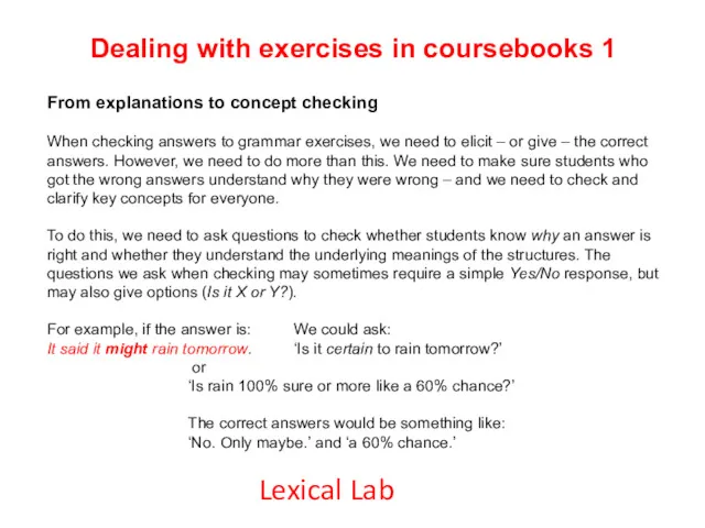 Dealing with exercises in coursebooks 1 From explanations to concept
