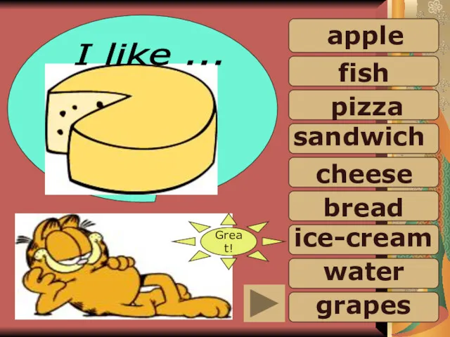 sandwich water Great! I like ... cheese bread ice-cream grapes apple fish pizza