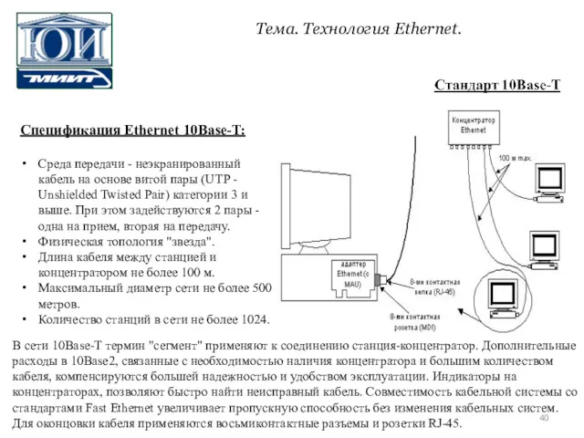 Спецификация Ethernet 10Base-T: Среда передачи - неэкранированный кабель на основе витой пары (UTP