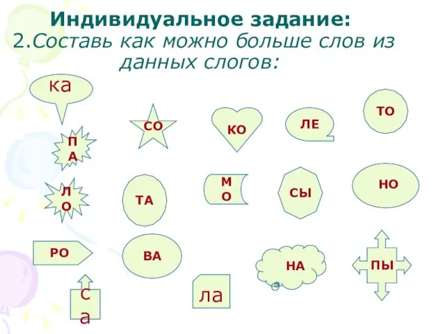 Индивидуальное задание: 2.Составь как можно больше слов из данных слогов: