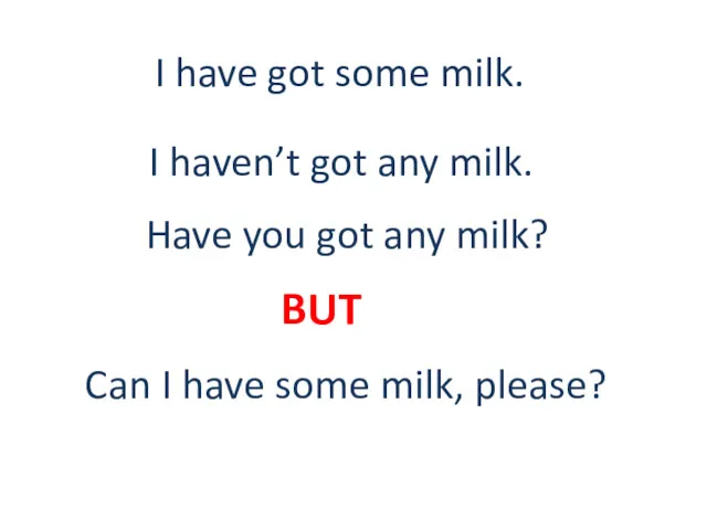 I have got some milk. I haven’t got any milk.