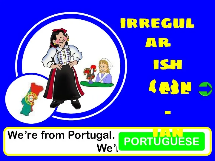 We’re from Portugal. We’re PORTUGUESE irregular - ish - (a)n - ese - ian