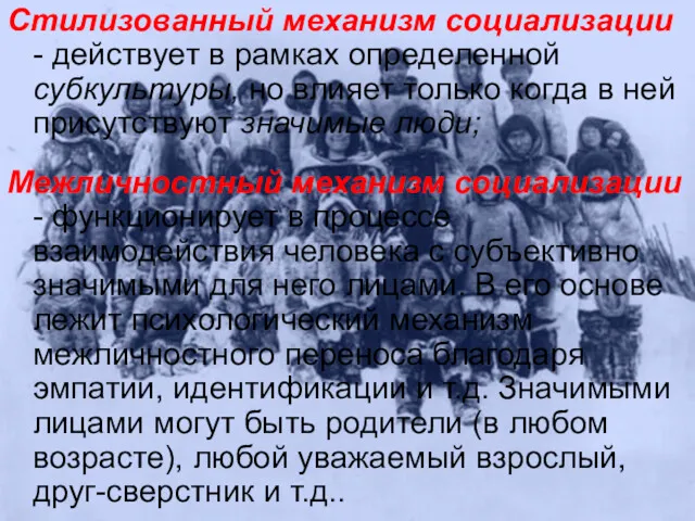 Стилизованный механизм социализации - действует в рамках определенной субкультуры, но