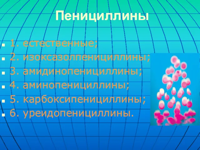 Пенициллины 1. естественные; 2. изоксазолпенициллины; 3. амидинопенициллины; 4. аминопенициллины; 5. карбоксипенициллины; 6. уреидопенициллины.