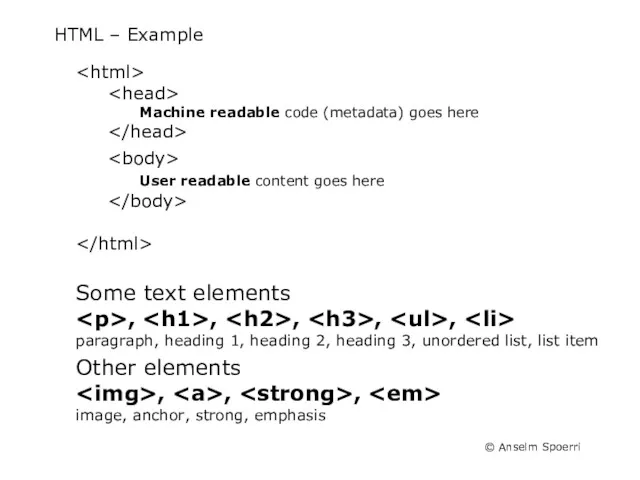 HTML – Example Machine readable code (metadata) goes here User