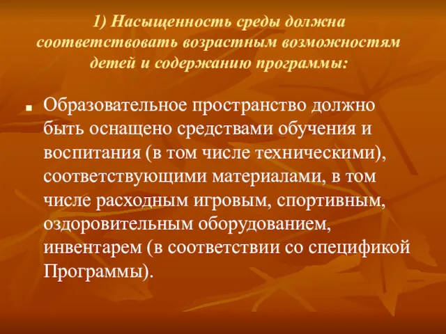 1) Насыщенность среды должна соответствовать возрастным возможностям детей и содержанию