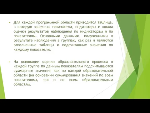 Для каждой программной области приводится таблица, в которую занесены показатели,