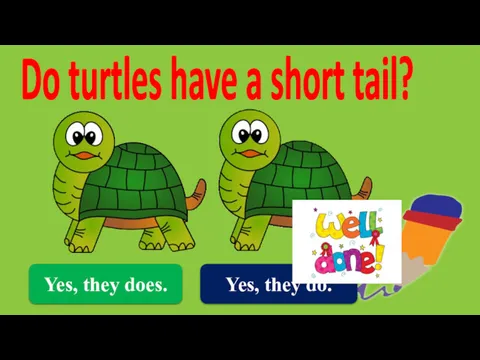 Yes, they does. Do turtles have a short tail? Yes, they do.