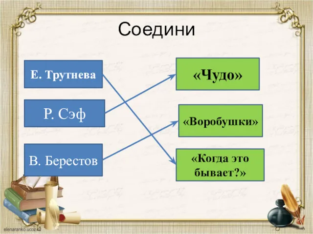 Соедини Е. Трутнева Р. Сэф В. Берестов «Чудо» «Воробушки» «Когда это бывает?»