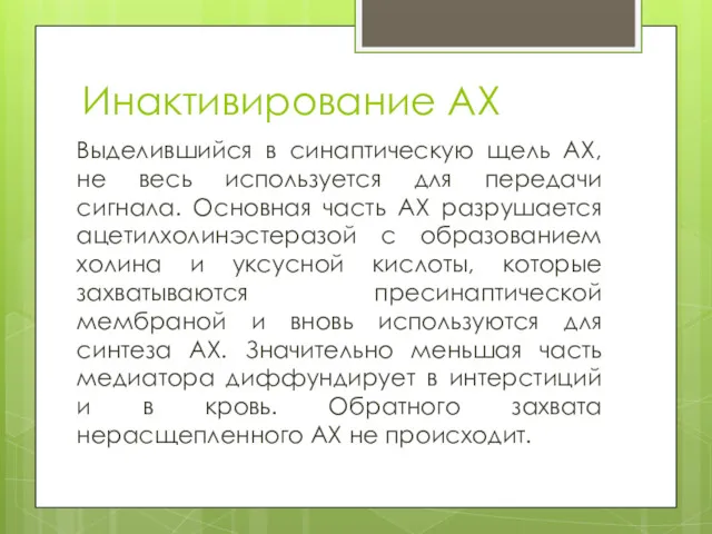 Инактивирование АХ Выделившийся в синаптическую щель АХ, не весь используется