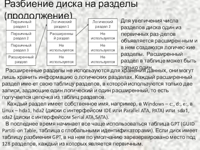 Разбиение диска на разделы (продолжение) Для увеличения числа разделов диска один из первичных