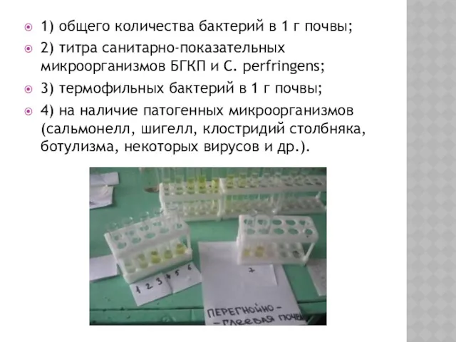 1) общего количества бактерий в 1 г почвы; 2) титра