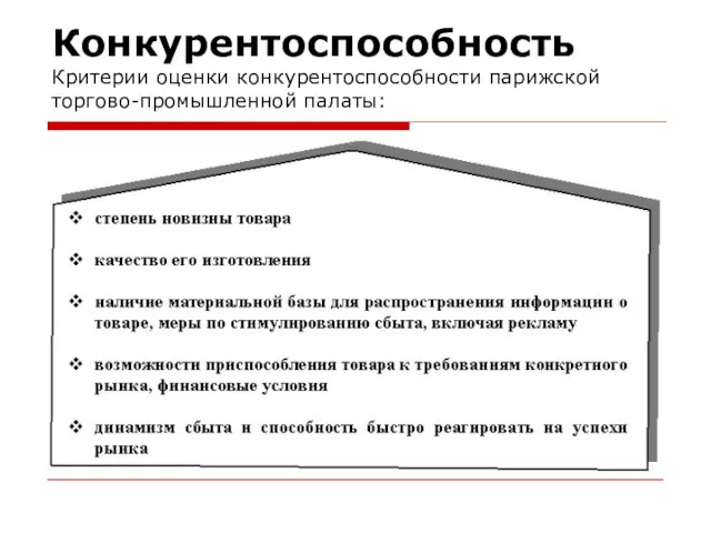 Конкурентоспособность Критерии оценки конкурентоспособности парижской торгово-промышленной палаты: