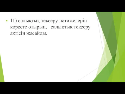 11) салықтық тексеру нəтижелерін көрсете отырып, салықтық тексеру актісін жасайды.