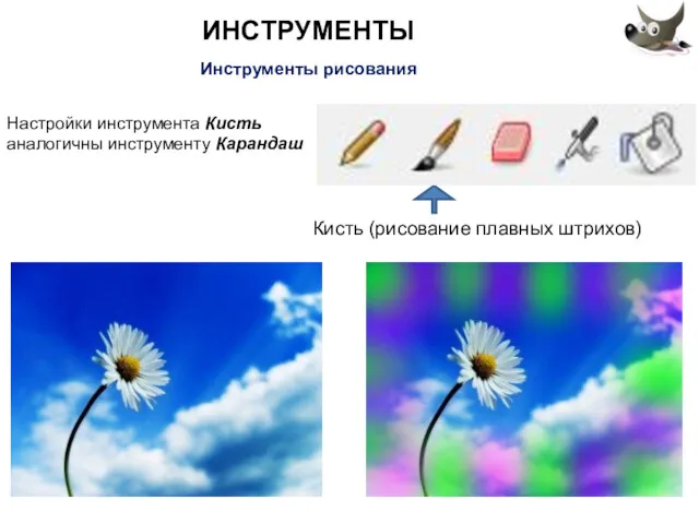 ИНСТРУМЕНТЫ Инструменты рисования Кисть (рисование плавных штрихов) Настройки инструмента Кисть аналогичны инструменту Карандаш