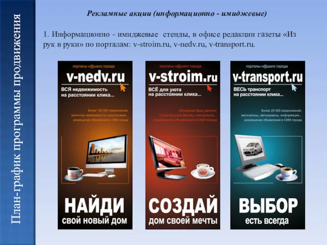 План-график программы продвижения Рекламные акции (информационно - имиджевые) 1. Информационно