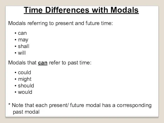 Time Differences with Modals Modals referring to present and future