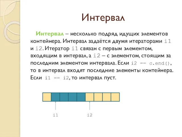 Интервал Интервал – несколько подряд идущих элементов контейнера. Интервал задаётся