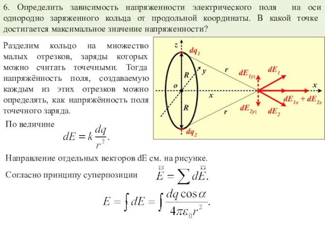 6. Определить зависимость напряженности электрического поля на оси однородно заряженного