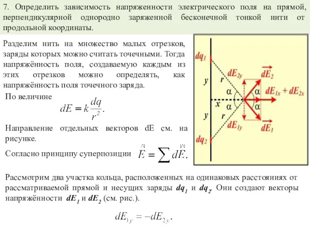 7. Определить зависимость напряженности электрического поля на прямой, перпендикулярной однородно