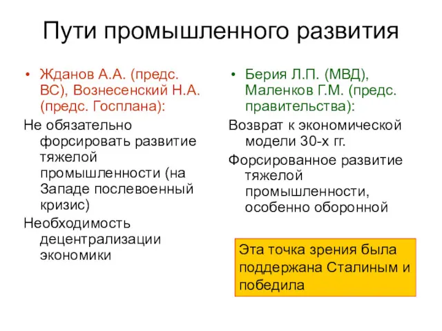 Пути промышленного развития Жданов А.А. (предс. ВС), Вознесенский Н.А. (предс.