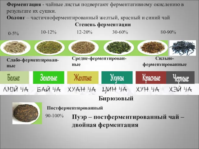 Бирюзовый 0-5% 80-90% 30-60% 12-20% 90-100% 10-12% Ферментация - чайные