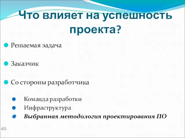 Что влияет на успешность проекта? Решаемая задача Заказчик Со стороны