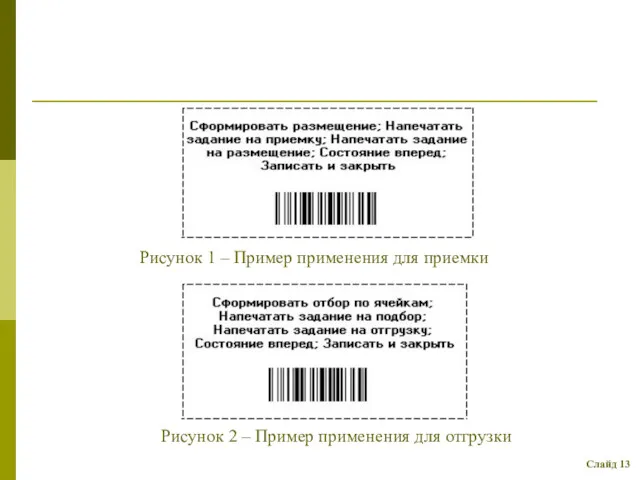 Рисунок 1 – Пример применения для приемки Рисунок 2 – Пример применения для отгрузки Слайд 13
