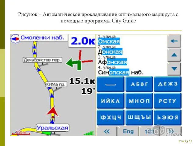 Слайд 31 Рисунок – Автоматическое прокладывание оптимального маршрута с помощью программы City Guide