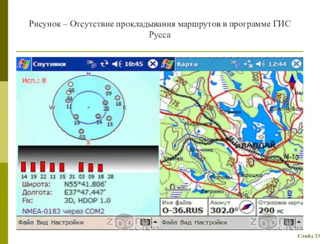 Слайд 33 Рисунок – Отсутствие прокладывания маршрутов в программе ГИС Русса