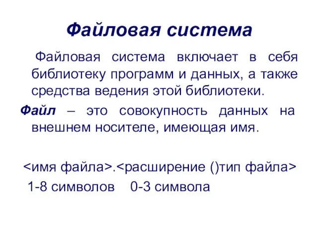 Файловая система Файловая система включает в себя библиотеку программ и