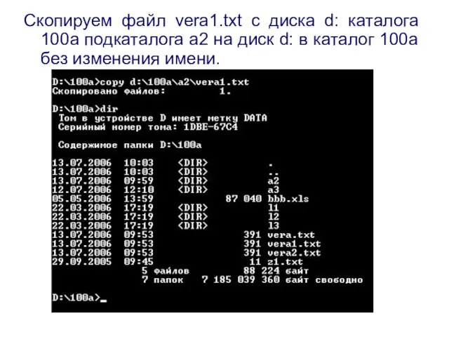 Скопируем файл vera1.txt с диска d: каталога 100a подкаталога а2