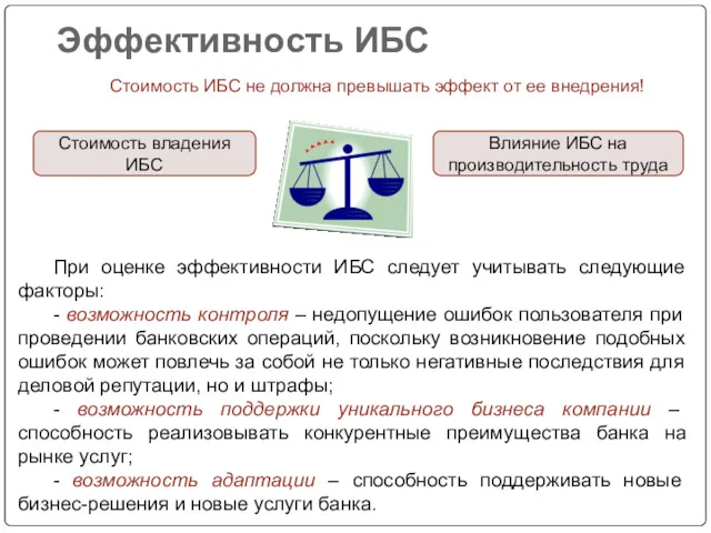 Эффективность ИБС Стоимость ИБС не должна превышать эффект от ее