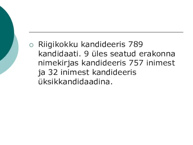 Riigikokku kandideeris 789 kandidaati. 9 üles seatud erakonna nimekirjas kandideeris