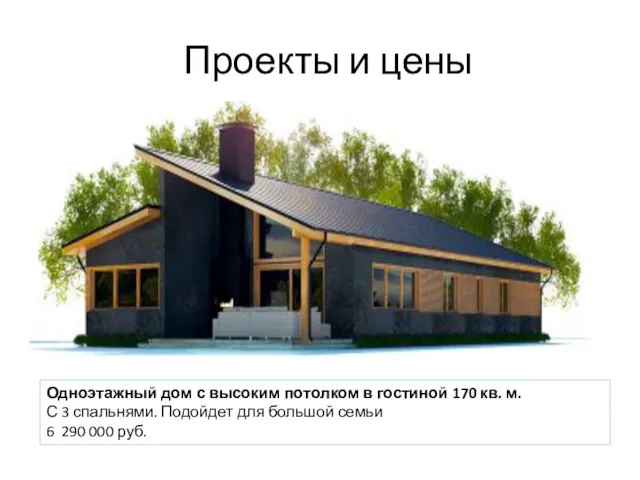 Проекты и цены Одноэтажный дом с высоким потолком в гостиной 170 кв. м.