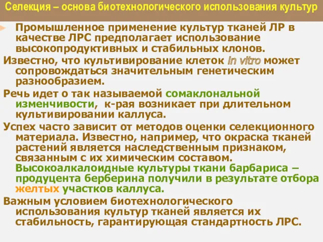 Селекция – основа биотехнологического использования культур Промышленное применение культур тканей