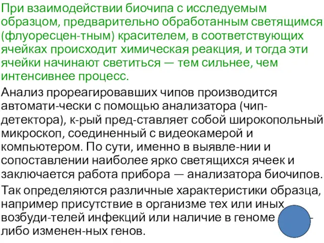 При взаимодействии биочипа с исследуемым образцом, предварительно обработанным светящимся (флуоресцен-тным)