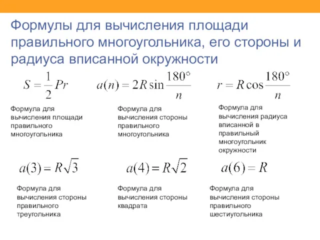 Формулы для вычисления площади правильного многоугольника, его стороны и радиуса