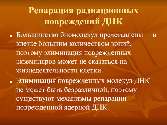 Репарация радиационных повреждений ДНК Большинство биомолекул представлены в клетке большим