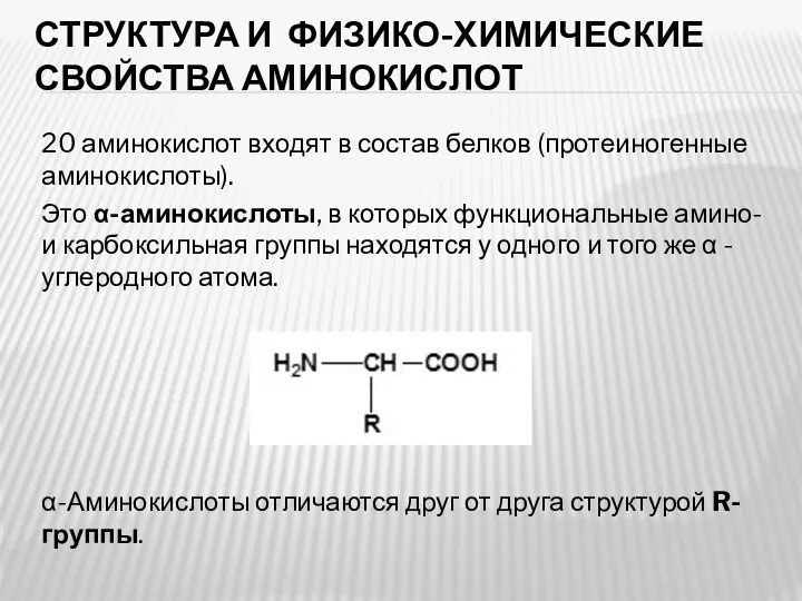 СТРУКТУРА И ФИЗИКО-ХИМИЧЕСКИЕ СВОЙСТВА АМИНОКИСЛОТ 20 аминокислот входят в состав