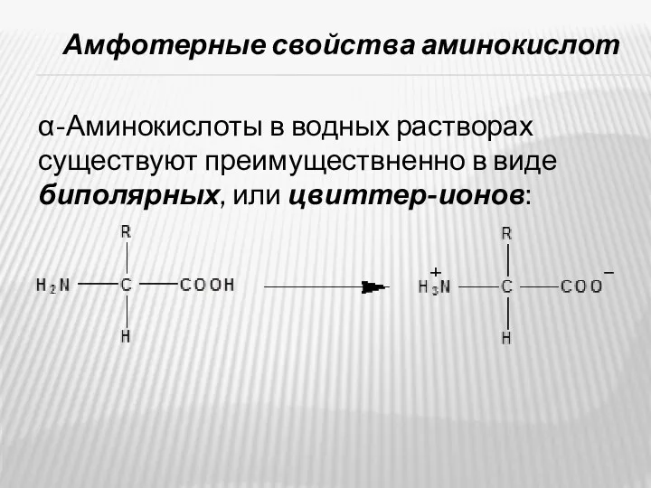 Амфотерные свойства аминокислот α-Аминокислоты в водных растворах существуют преимуществненно в виде биполярных, или цвиттер-ионов: