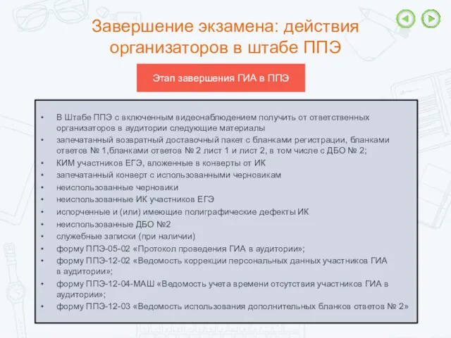 Завершение экзамена: действия организаторов в штабе ППЭ Этап завершения ГИА