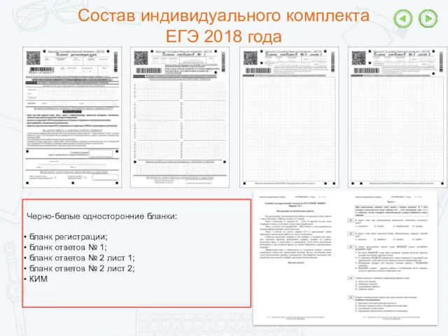 Состав индивидуального комплекта ЕГЭ 2018 года Черно-белые односторонние бланки: бланк