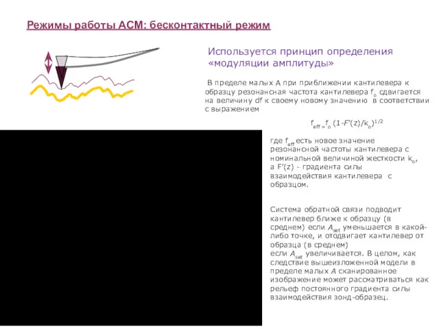 Режимы работы АСМ: бесконтактный режим Используется принцип определения «модуляции амплитуды»