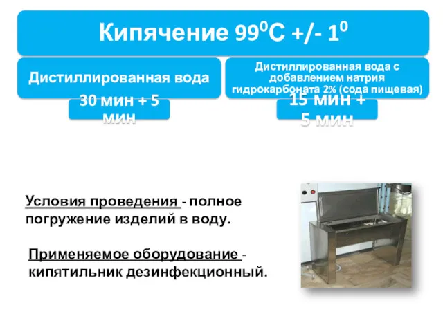 Кипячение 990С +/- 10 Дистиллированная вода 30 мин + 5